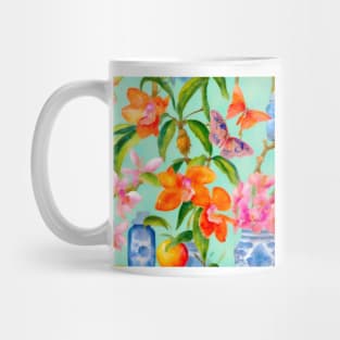 Orange orchids and chinoiserie jars watercolor Mug